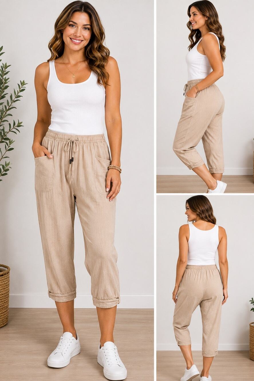 Stateside Khaki 100% Cotton Capri Pants Drawstring Pockets Casual Lounge Size L